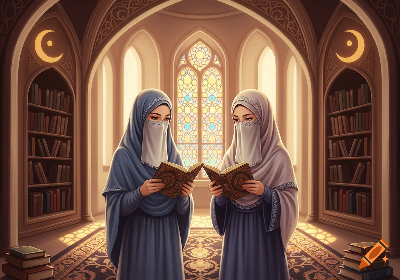 Two women in blue and grey hijabs and niqabs read books in an ornate library with arched windows, in an artistic illustration.
