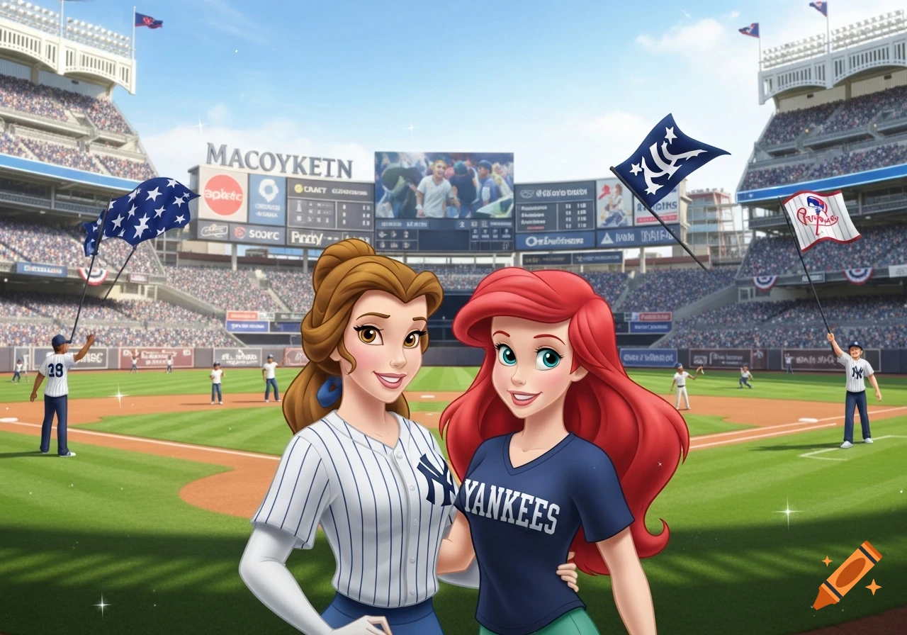 Belle and Ariel in Yankees attire posing at a sunny baseball stadium.