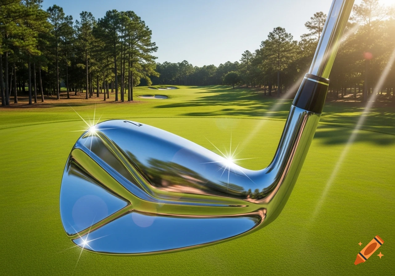 A shiny golf club head is angled over a green golf course under a sunny sky with trees in the background.