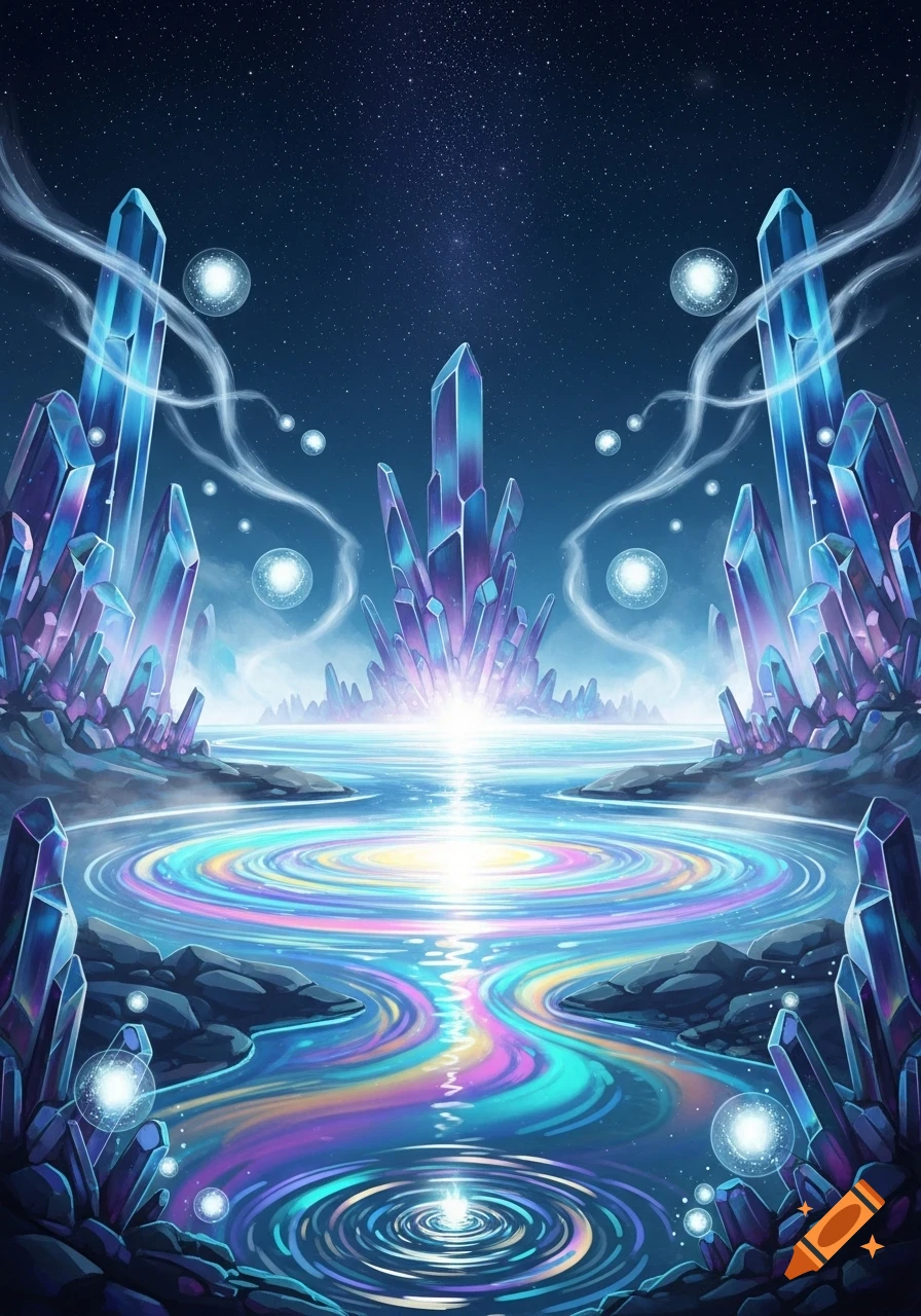 A vibrant fantasy landscape featuring tall blue and purple crystals under a starry sky, surrounding a lake with rainbow-colored swirling reflections.