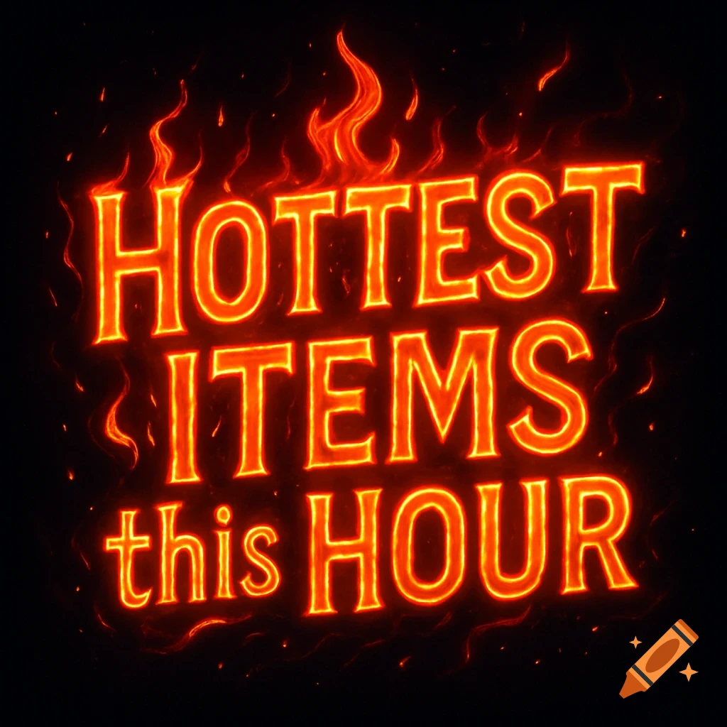 Fiery orange and red text reads 'HOTTEST ITEMS this HOUR' surrounded by flames on a black background.