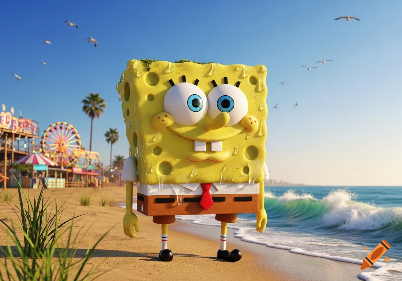 Photorealistic 3D render of a wet Spongebob Squarepants standing on a sandy beach, with ocean waves and a carnival in the background.