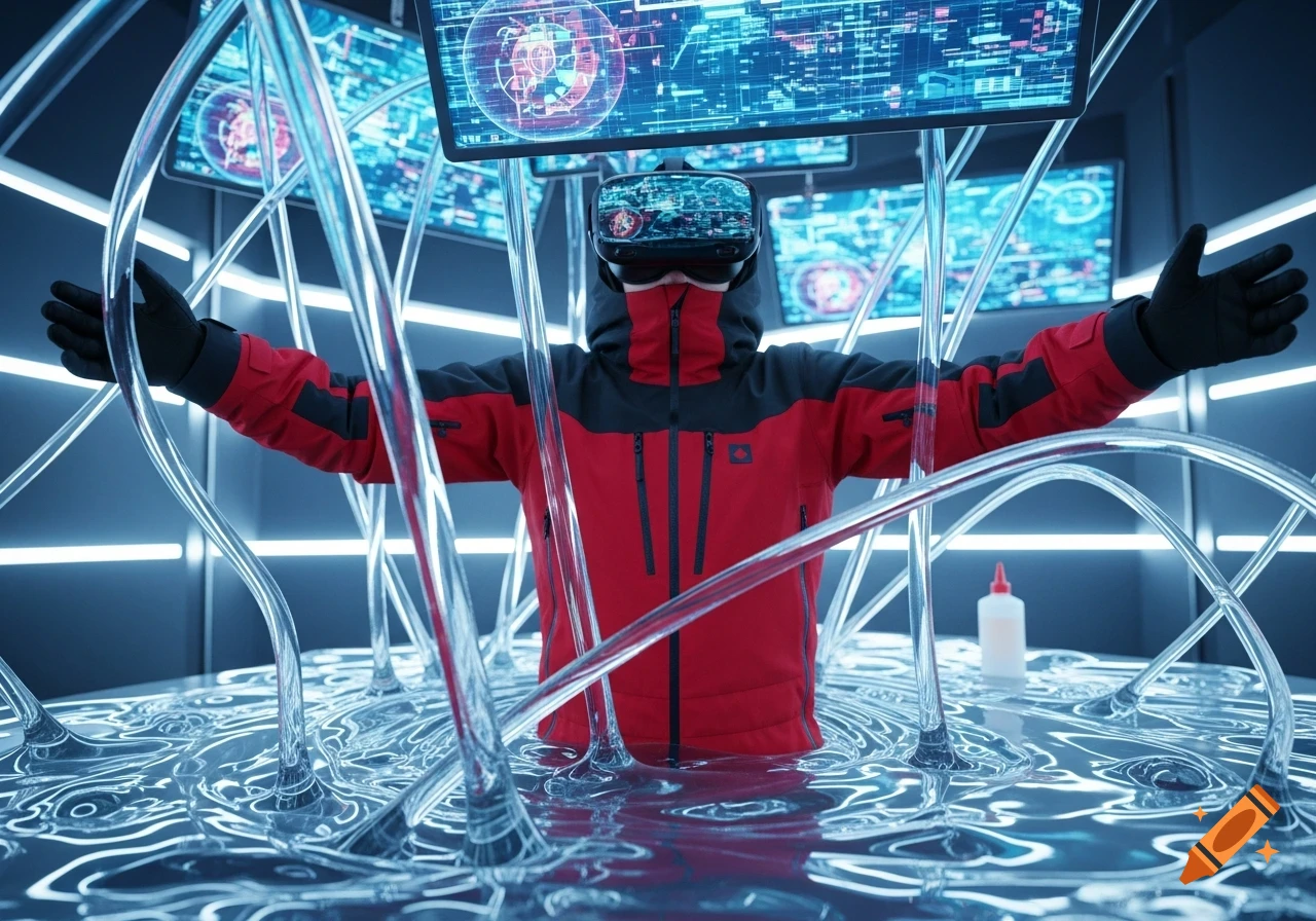 A person in a red and black ski suit wears a VR headset while submerged in glowing clear liquid and tubes in a futuristic room.