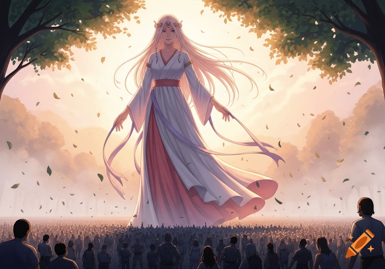 Anime illustration of a giantess woman in a white dress hovering over a large crowd, with falling leaves and trees at sunset.