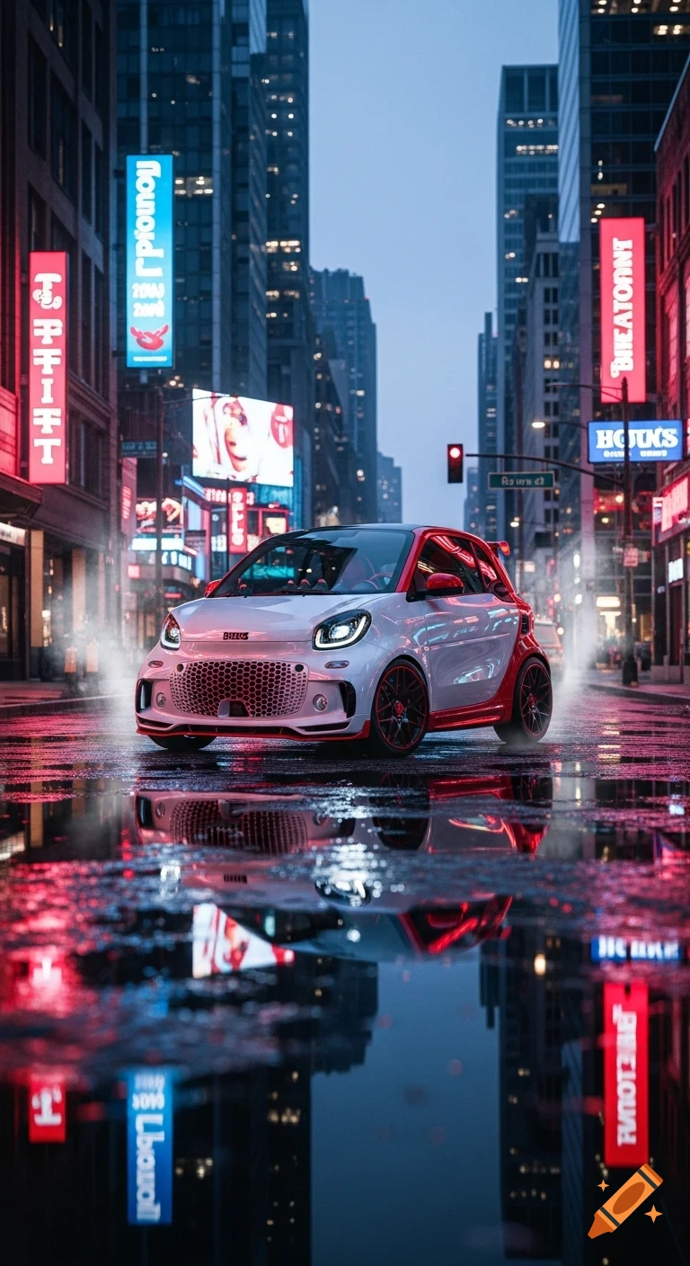 A white and red Smart car with glowing headlights parked on a wet, reflective street in a futuristic neon-lit city at dusk.