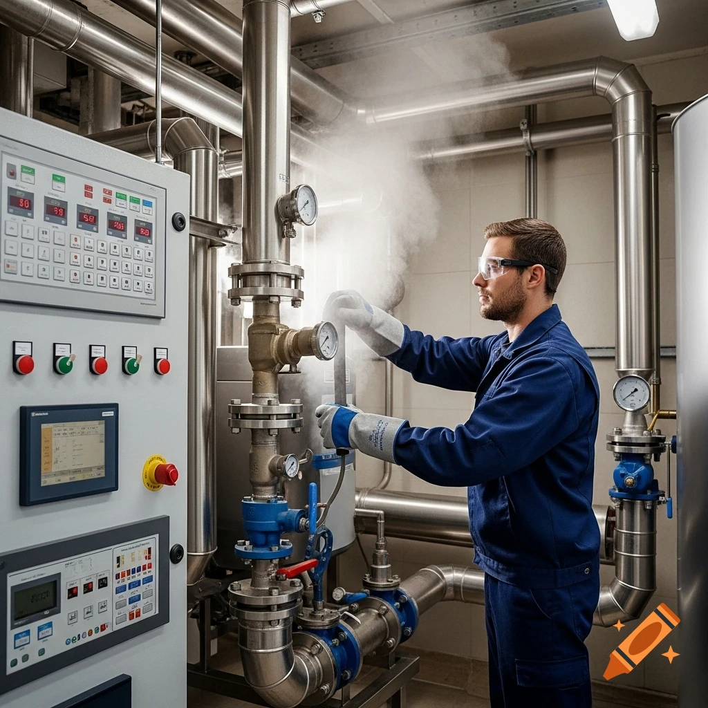 A man in safety glasses and gloves inspects steaming industrial pipes next to a control panel in a facility.