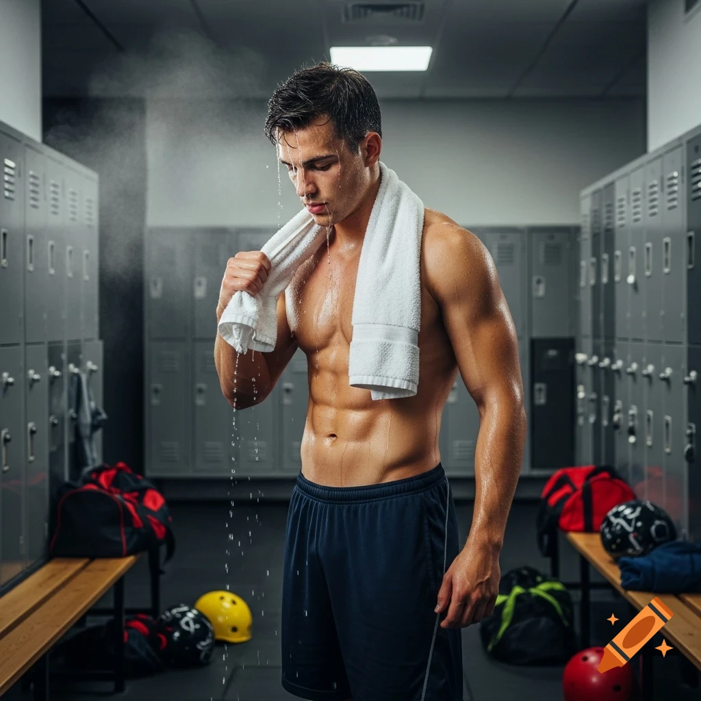 A sweaty, muscular man with a towel around his neck stands in a gym locker room after a shower, photorealistic.