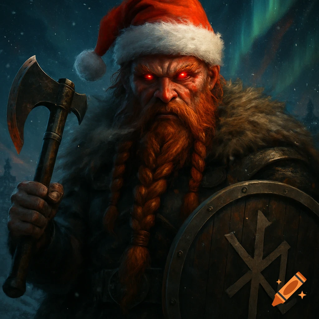 A menacing, red-eyed Viking-like warrior with a braided red beard and Santa hat, holding an axe and a shield under the aurora borealis.