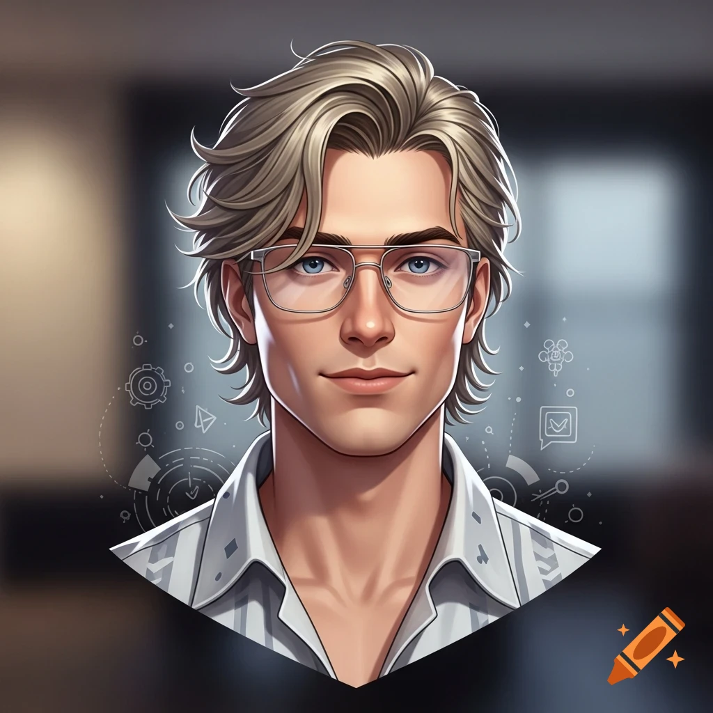 Smiling anime-style illustration of a man with blonde hair, glasses, and a striped shirt, with abstract UI elements.