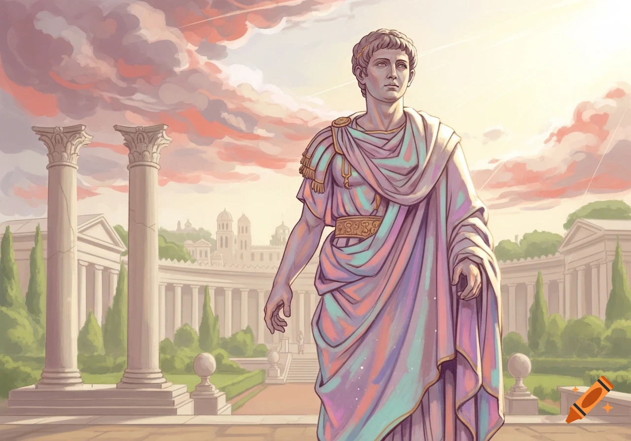 Pastel illustration of Elagabalus in a toga, standing among classical Roman architecture under a vibrant sky.