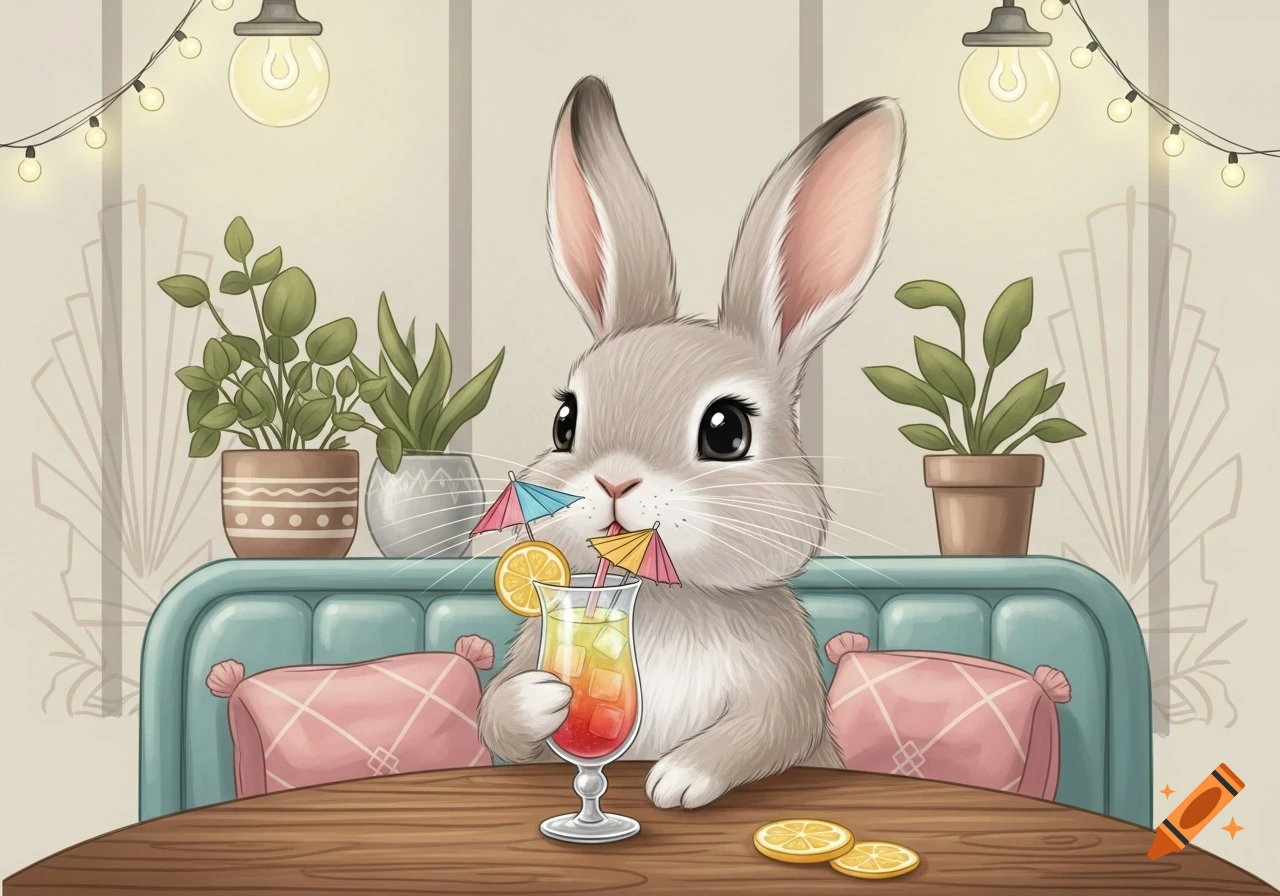 A cute, grey rabbit drinks a colorful cocktail with two umbrellas at a wooden table in a cozy cafe setting, illustration.