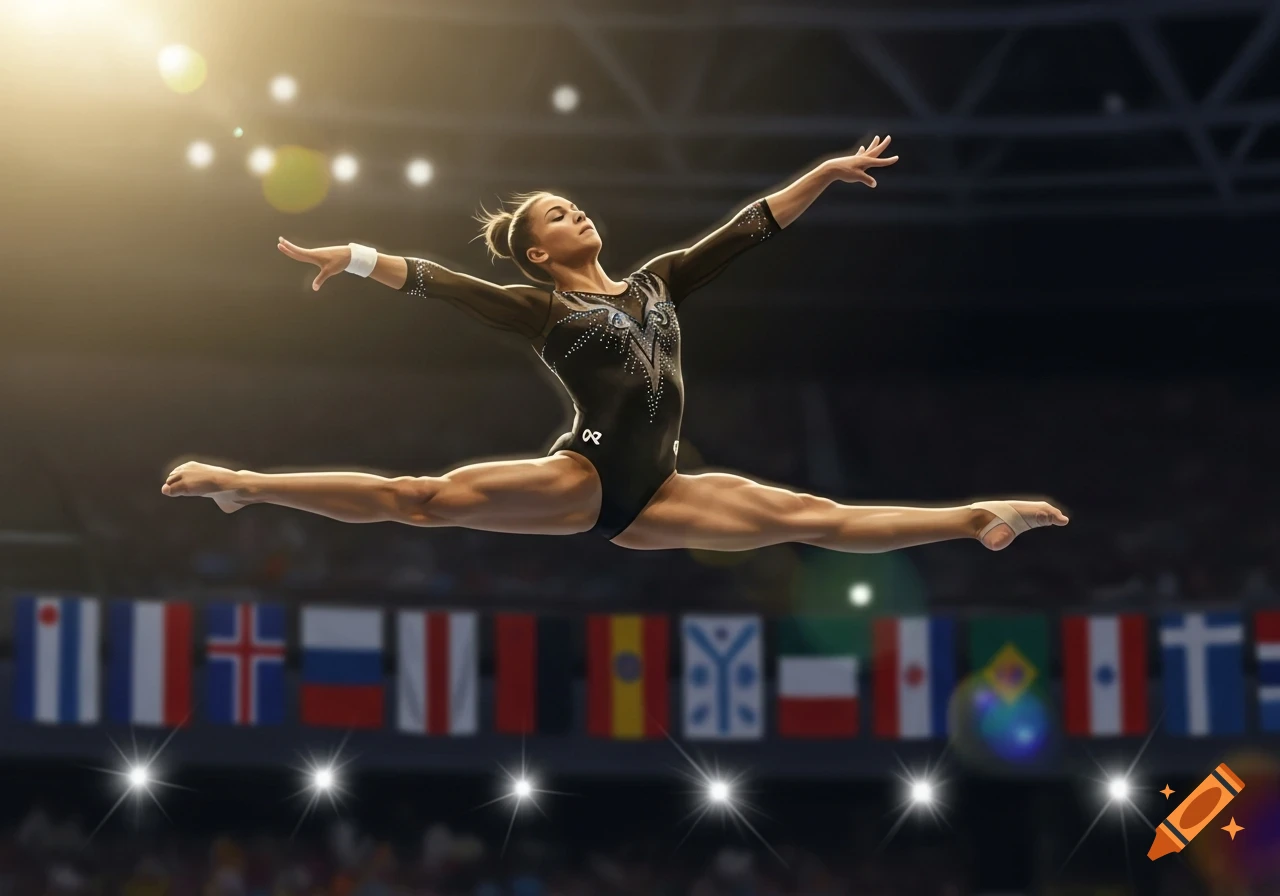 A female gymnast in a black leotard performs a split leap high in the air, bathed in spotlights, with blurred flags in the background.
