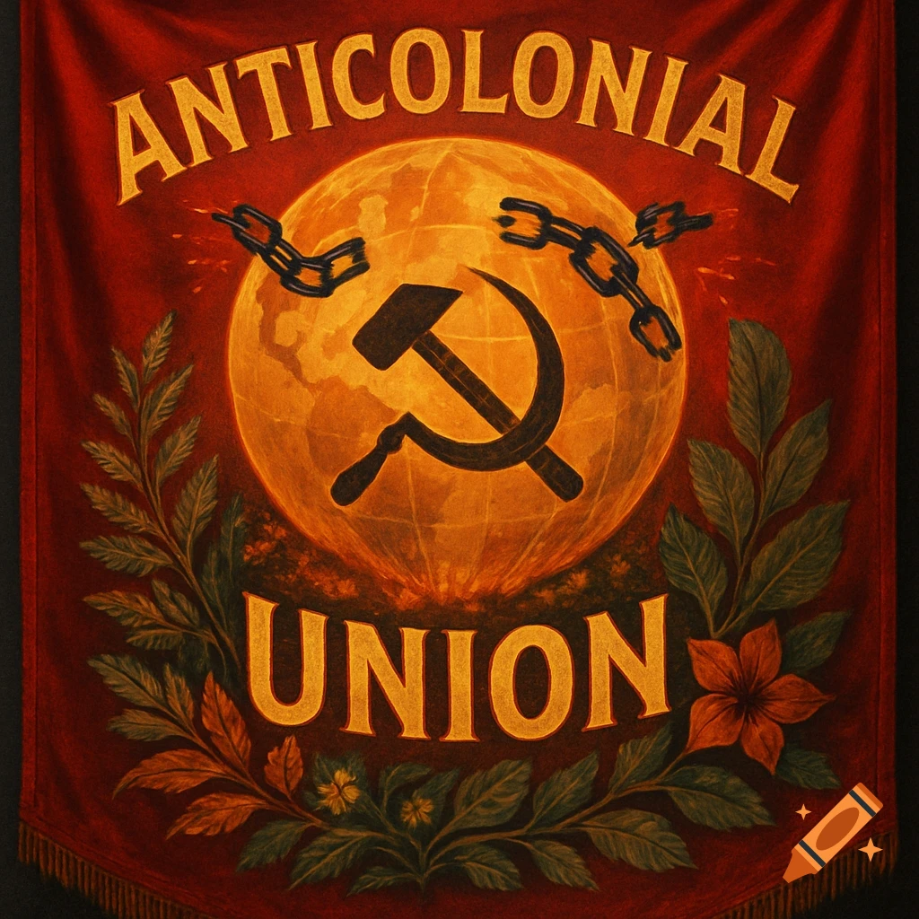 A red banner with "ANTICOLONIAL UNION" in gold letters, featuring a globe with broken chains and a hammer and sickle, surrounded by foliage.