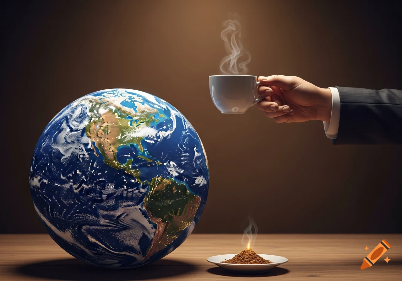 A globe on a wooden table with a hand in a suit holding a steaming white cup and a small steaming pile of coffee grounds on a saucer.