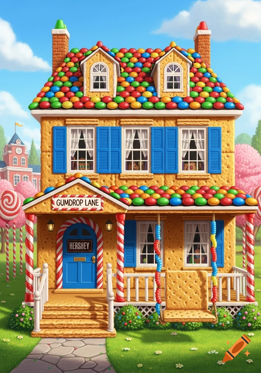A whimsical house made of graham crackers with a colorful gumdrop roof, blue shutters, candy cane pillars, and a 'HERSHEY' sign on the blue door, set on 'GUMDROP LANE' with lollipop trees in the background.