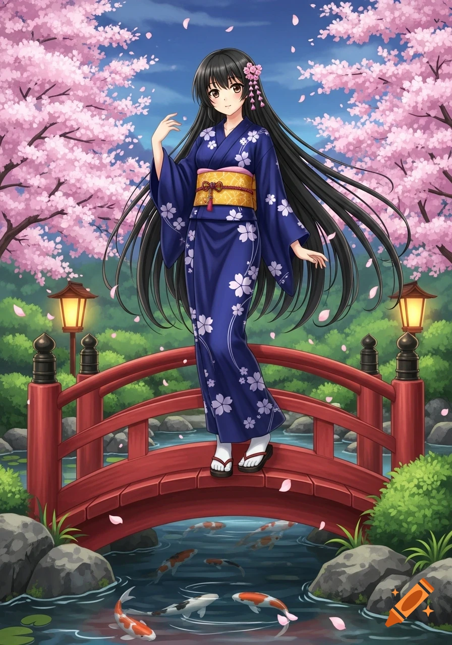 Anime girl with long black hair in a blue yukata, standing on a red bridge over a pond with koi fish under cherry blossoms.