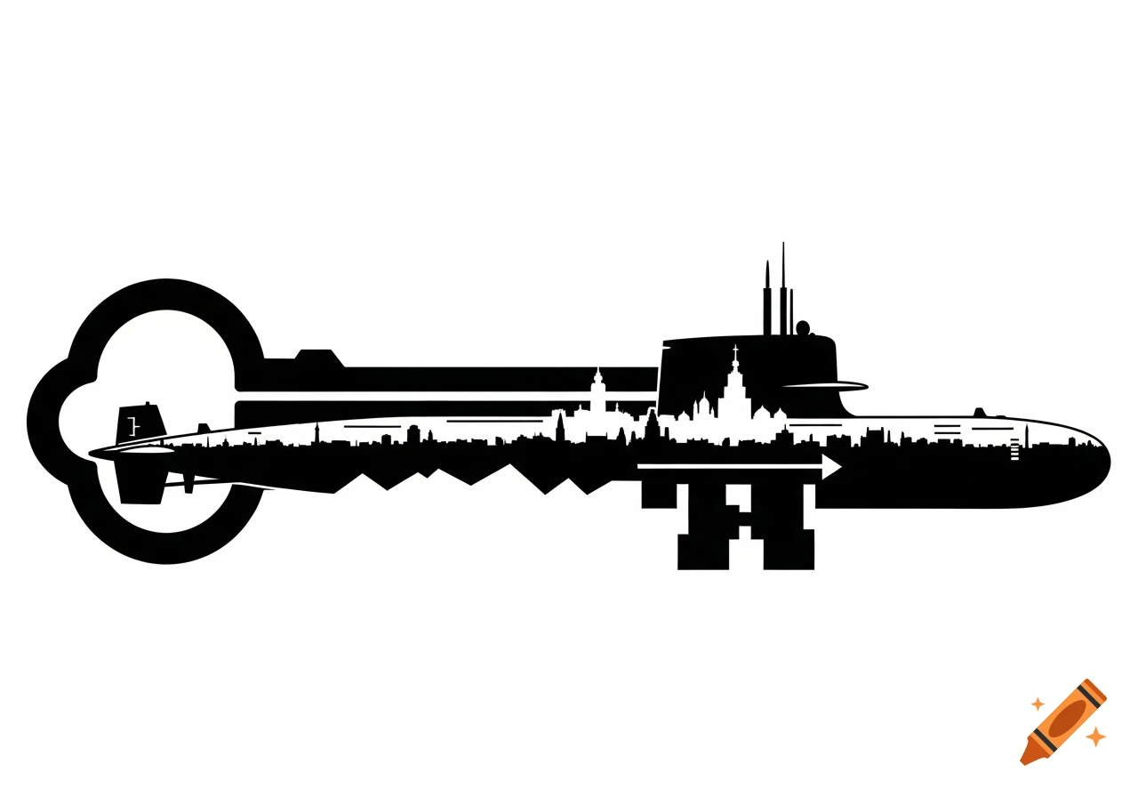 Black and white graphic combining a submarine and a key, with a city skyline forming the key's teeth and the submarine's underside.