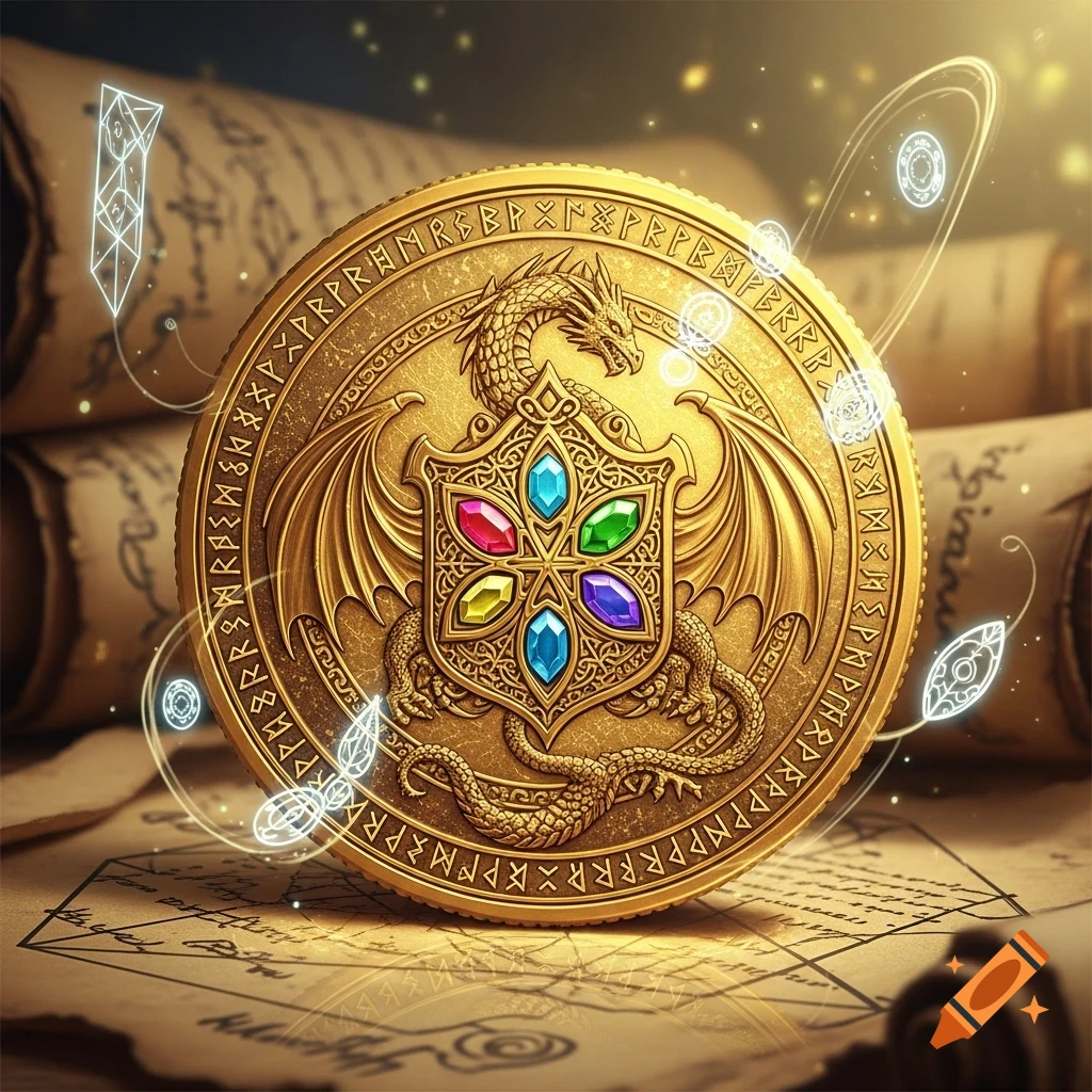 A gold fantasy coin with a dragon emblem, colorful gems, and runic script, with magical glows, resting on ancient scrolls.