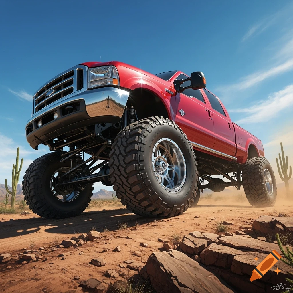 A photorealistic red Ford F-350 monster truck with huge tires sits on a dusty desert road, low-angle shot.