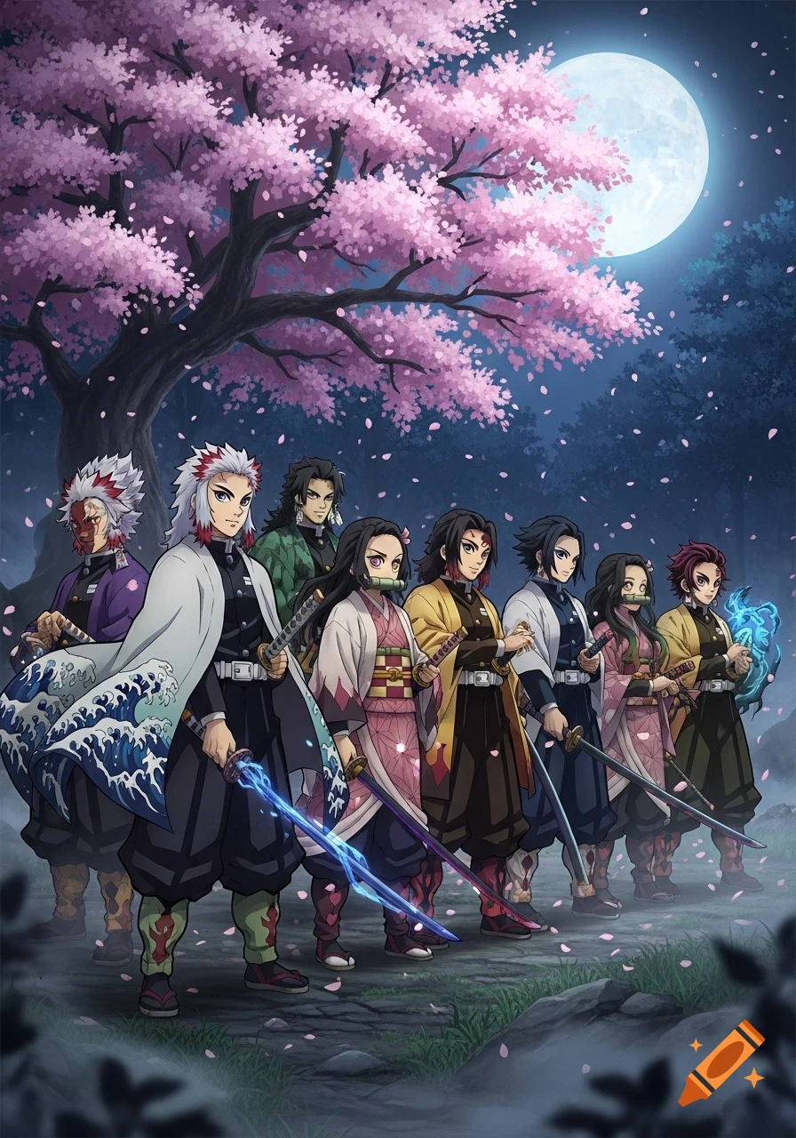 Eight anime characters from Demon Slayer stand under a cherry blossom tree and full moon, holding katanas.
