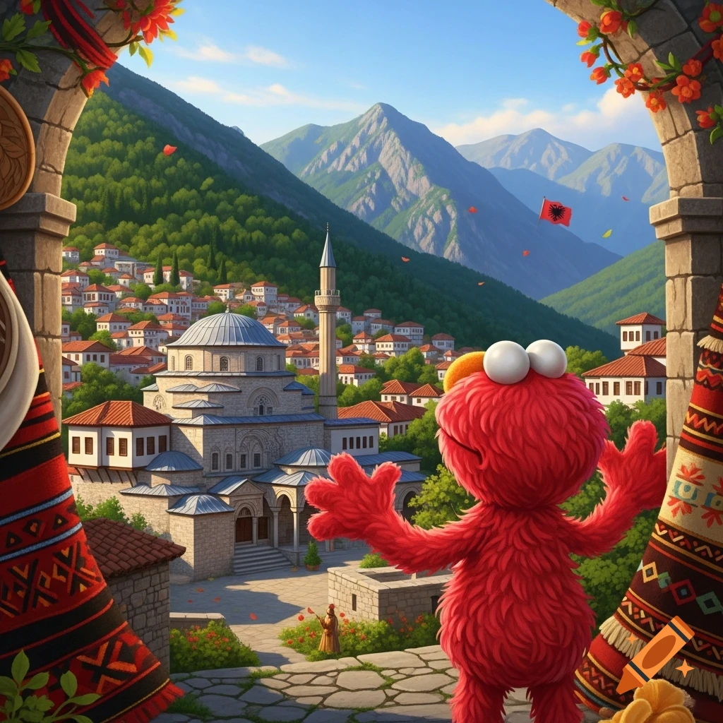 Red furry Elmo stands in an arched doorway, looking out at a picturesque Albanian town with a mosque and mountains.