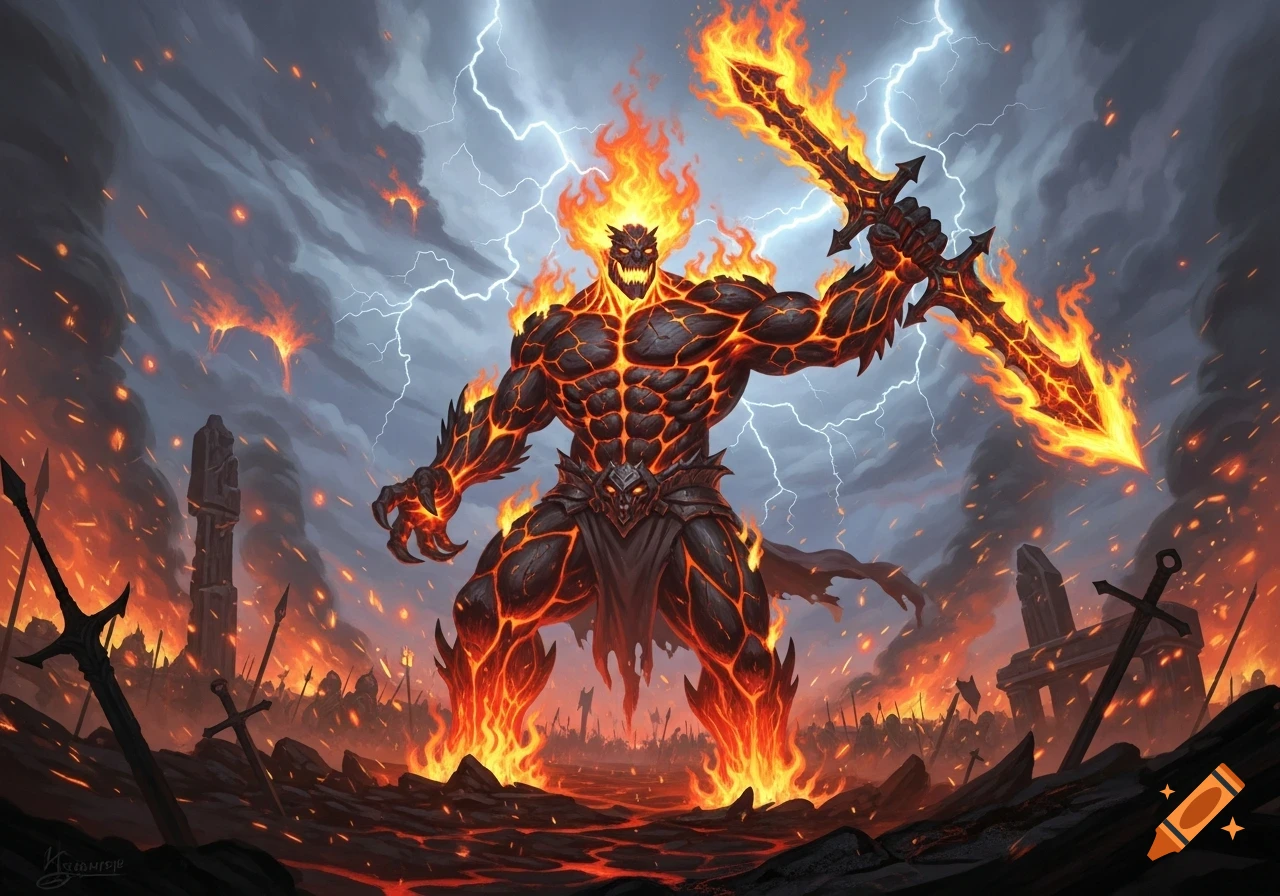 A powerful fire giant with a flaming sword stands in a desolate, burning landscape under a lightning storm, digital art.