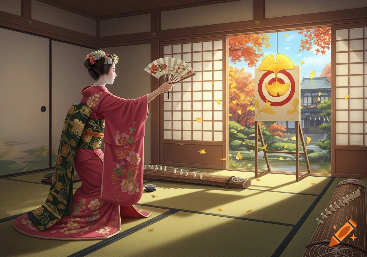 A woman in a pink kimono throws a fan at a ginkgo leaf target in a traditional Japanese room with an autumn garden view. Illustration.