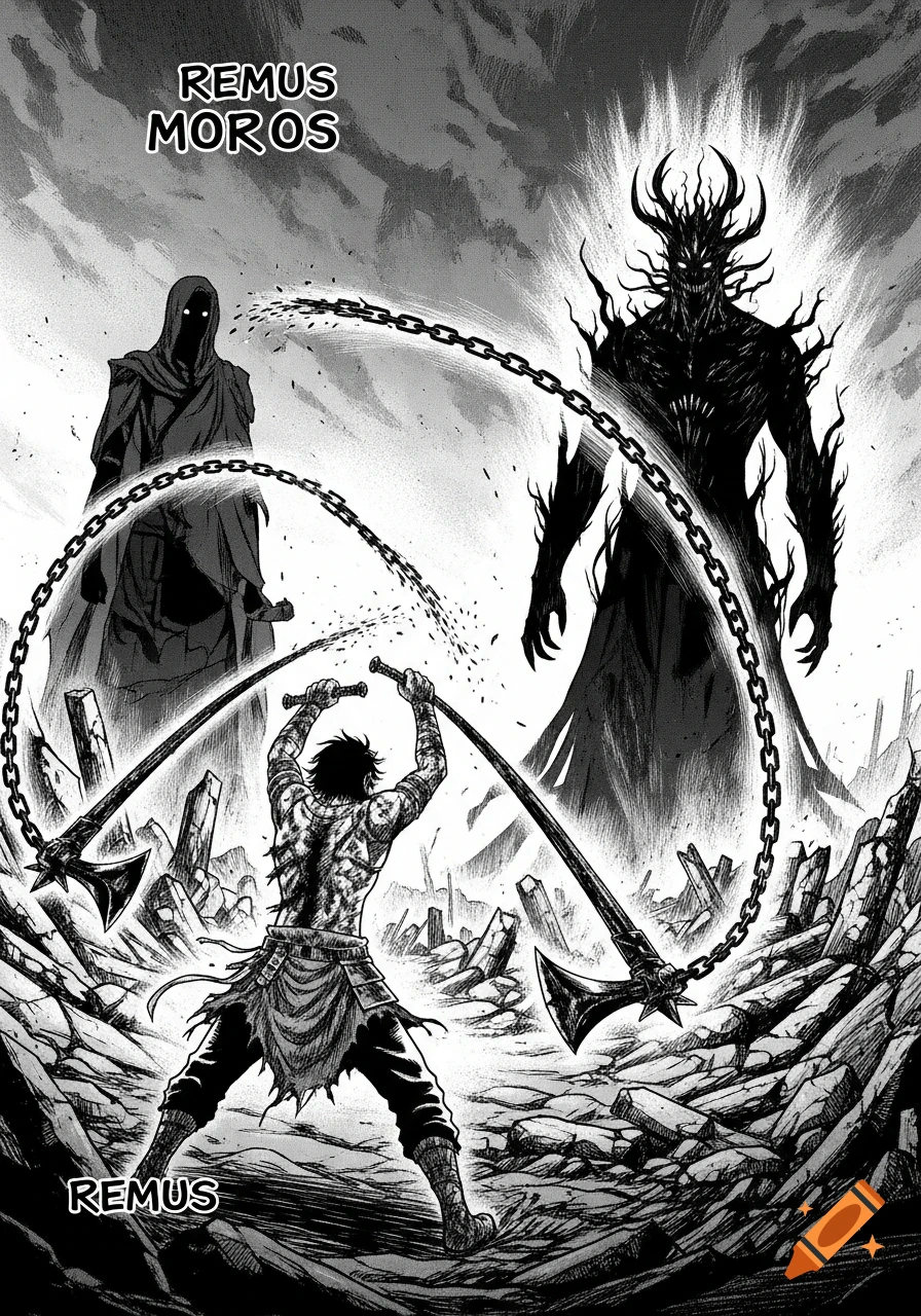 Manga panel of a scarred warrior, Remus, wielding chained flails against two shadowy, godlike entities, Moros, in a ruined landscape.