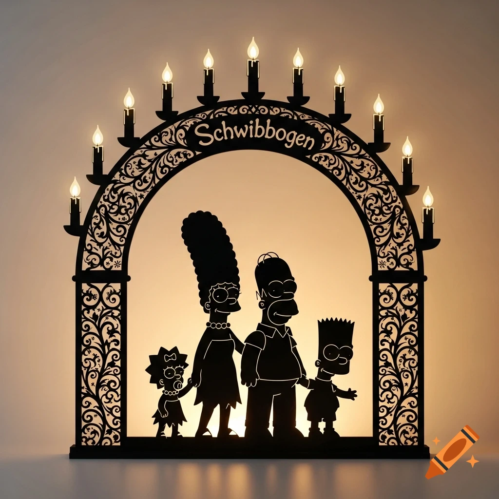 Black silhouette of a Schwibbogen with The Simpsons family, illuminated by candles.
