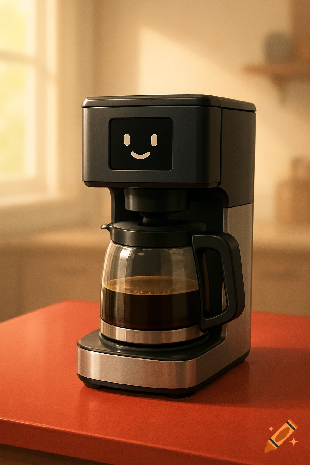A modern coffee maker with a smiley face on its screen sits on a red table in a warm kitchen setting. Photorealistic.