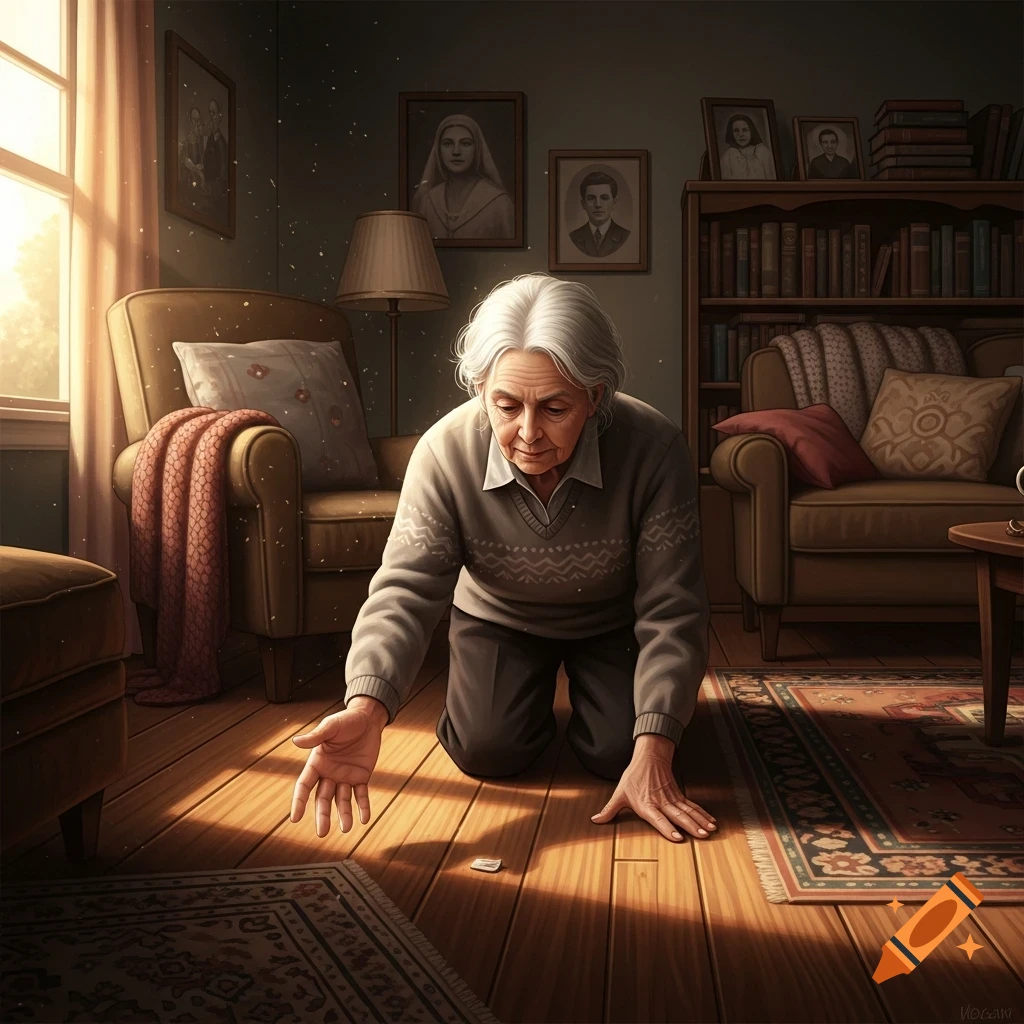 An elderly woman kneels on a sunlit wooden floor in a cozy living room, reaching for a small dropped item.