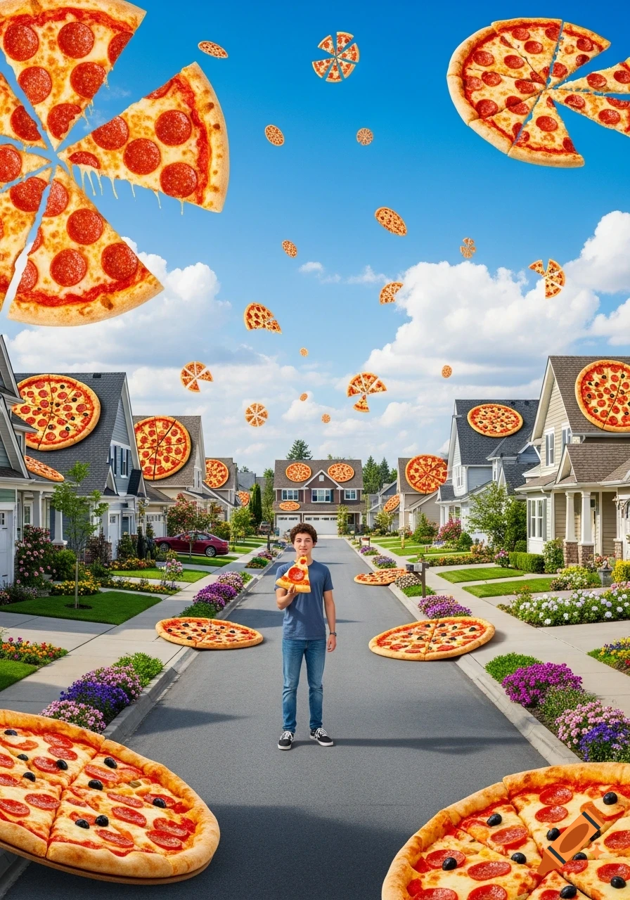 A teenage boy stands in a suburban street, eating a pizza slice while pizzas rain from the sky and cover the ground and houses.