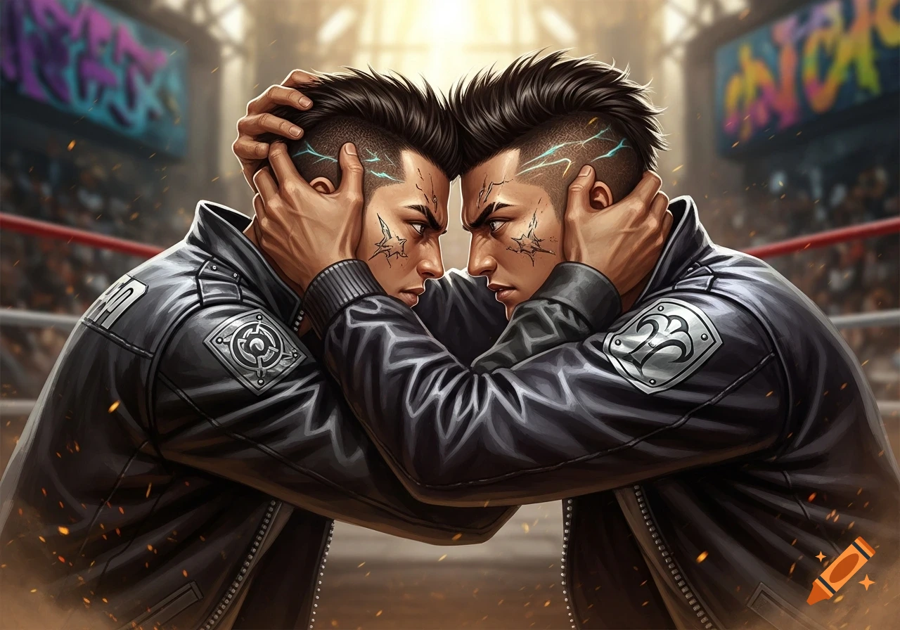 Two angry men with mohawk hairstyles and face tattoos, wearing black leather jackets, confront each other intensely in a boxing ring.