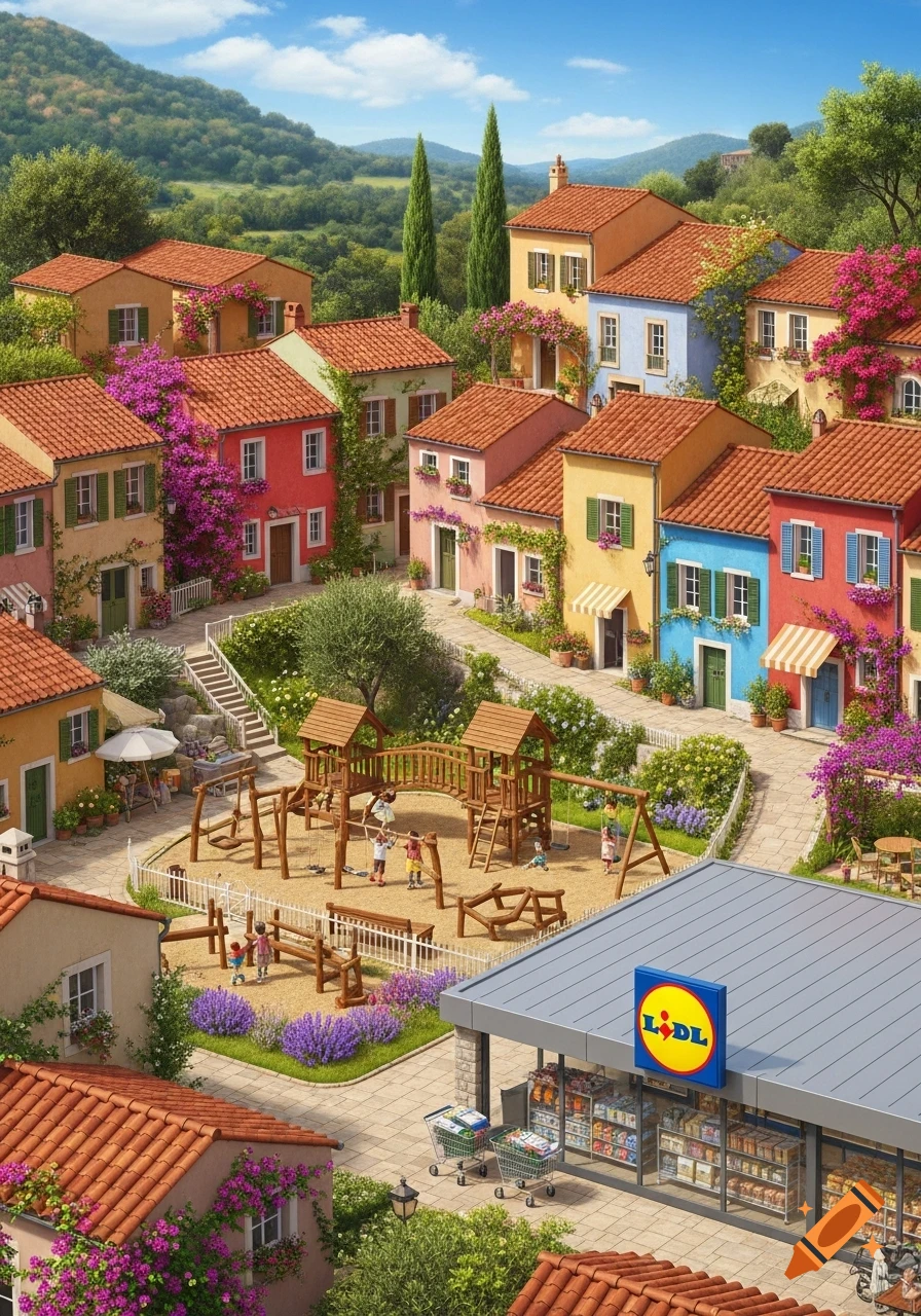 A colorful Mediterranean village with terraced houses, lush gardens, a children's playground, and a Lidl supermarket under a clear blue sky.