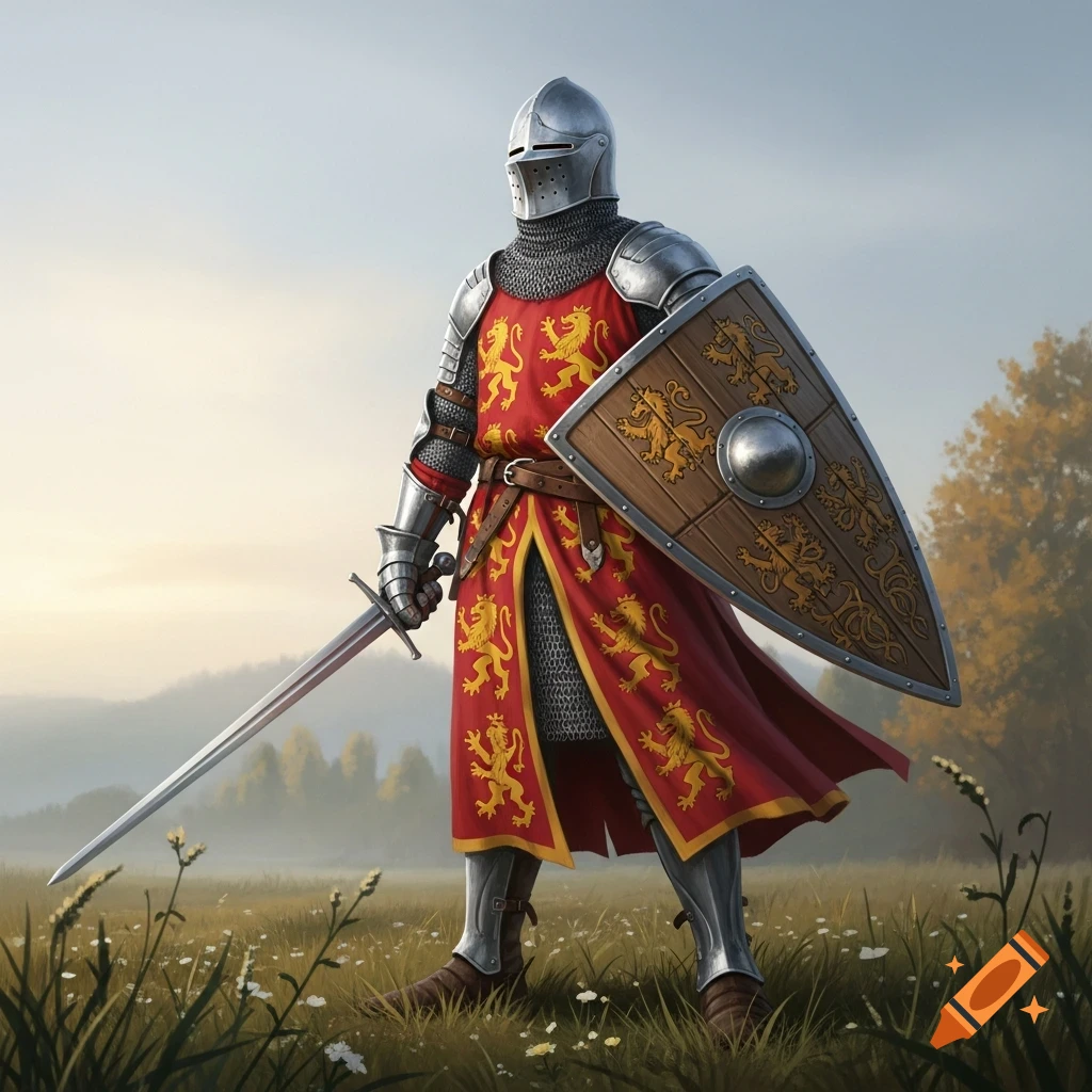 A fully armored medieval knight in a red tunic with golden lions, holding a sword and shield, stands in a grassy field.