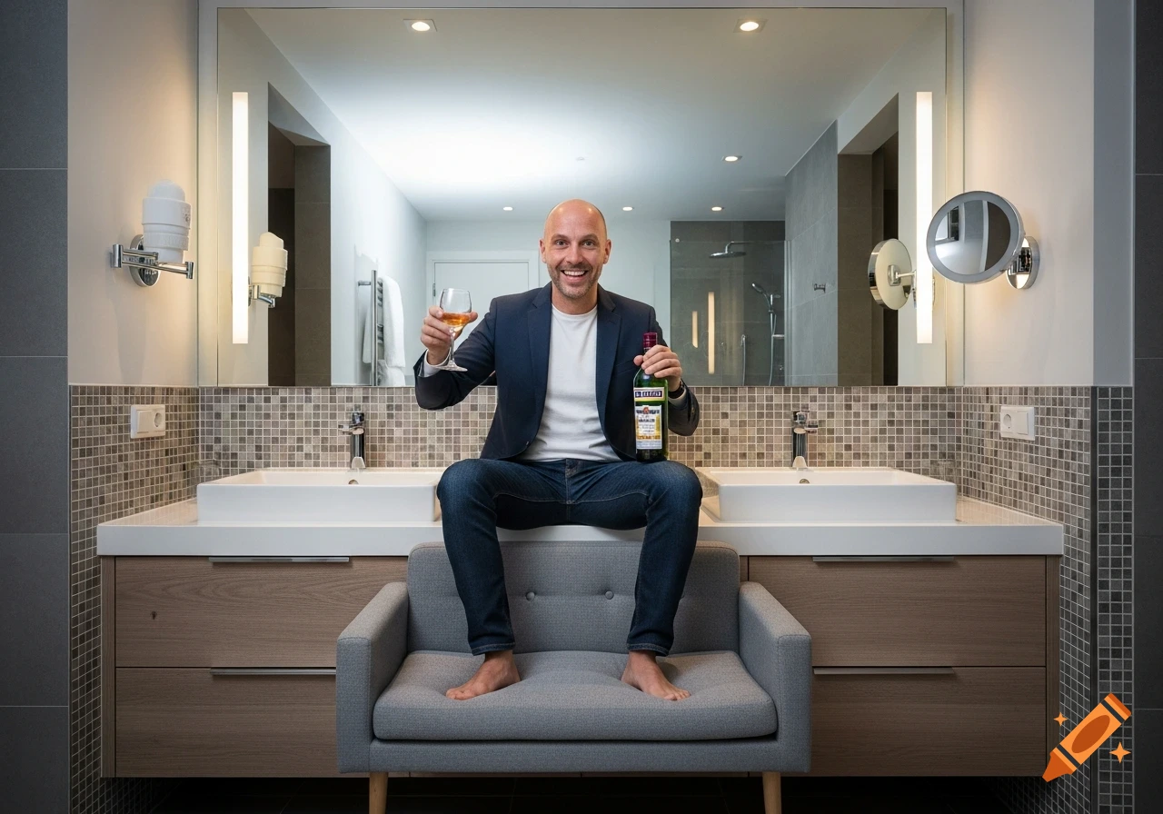 A bald man in a suit jacket and jeans sits barefoot on a sofa atop a bathroom vanity, holding a glass and a Ricard bottle, smiling in a modern bathroom. Photorealistic.