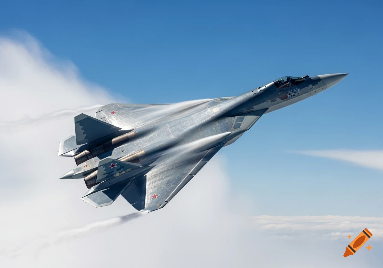 A gray Sukhoi Su-57 fighter jet with red stars flies through a blue sky with white clouds.