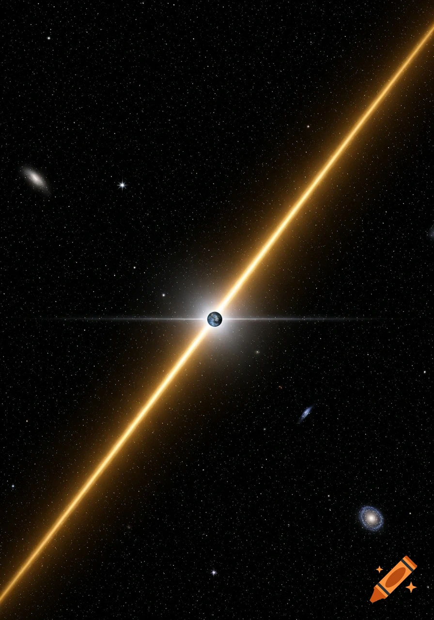 A photorealistic image of a tiny blue Earth at the center of a vast starry cosmic expanse, bisected by a bright golden light beam.