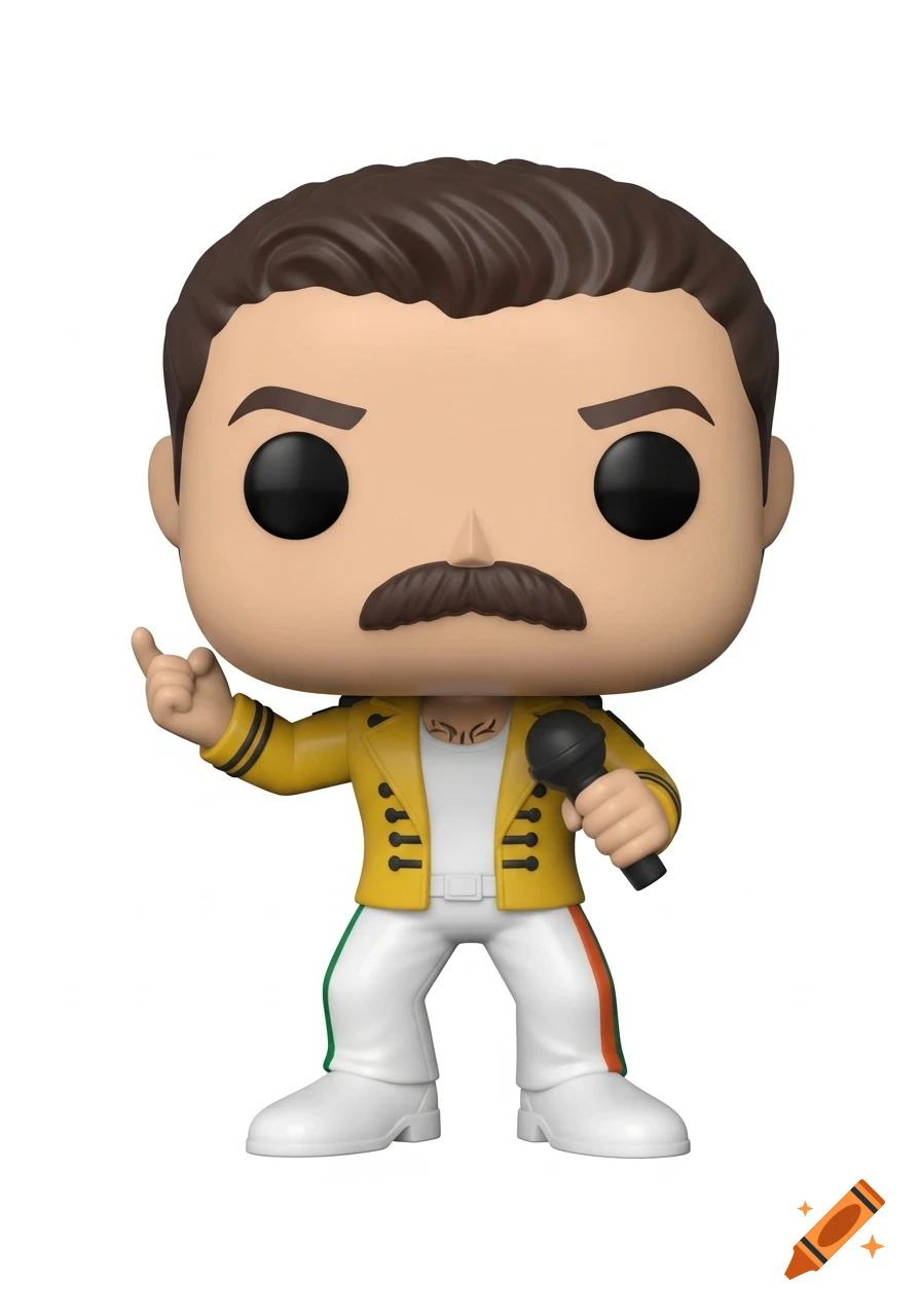 A Funko Pop-style vinyl figure of a male stage performer in a yellow military jacket, white pants with green and orange stripes, holding a microphone with one arm raised.