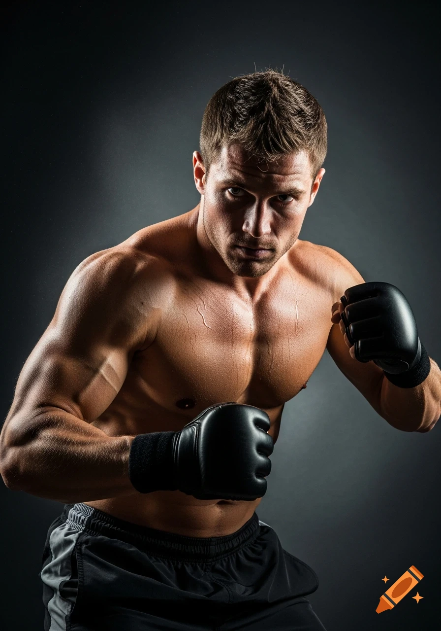 Muscular man in boxing gloves, shirtless, in a fighting stance with a focused gaze, dramatic lighting, photorealistic.
