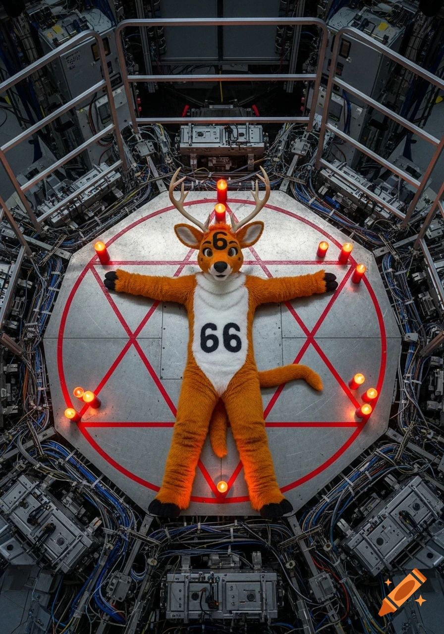Photorealistic ginger deer fursuit with '66' on its belly, t-posing on a red pentagram with candles, within a particle accelerator.