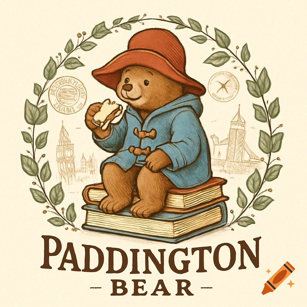 A stylized logo features Paddington Bear in a red hat and blue coat, sitting on a stack of books and eating a sandwich. The words 'PADDINGTON BEAR' are below, framed by a leafy wreath with subtle architectural sketches in the background.
