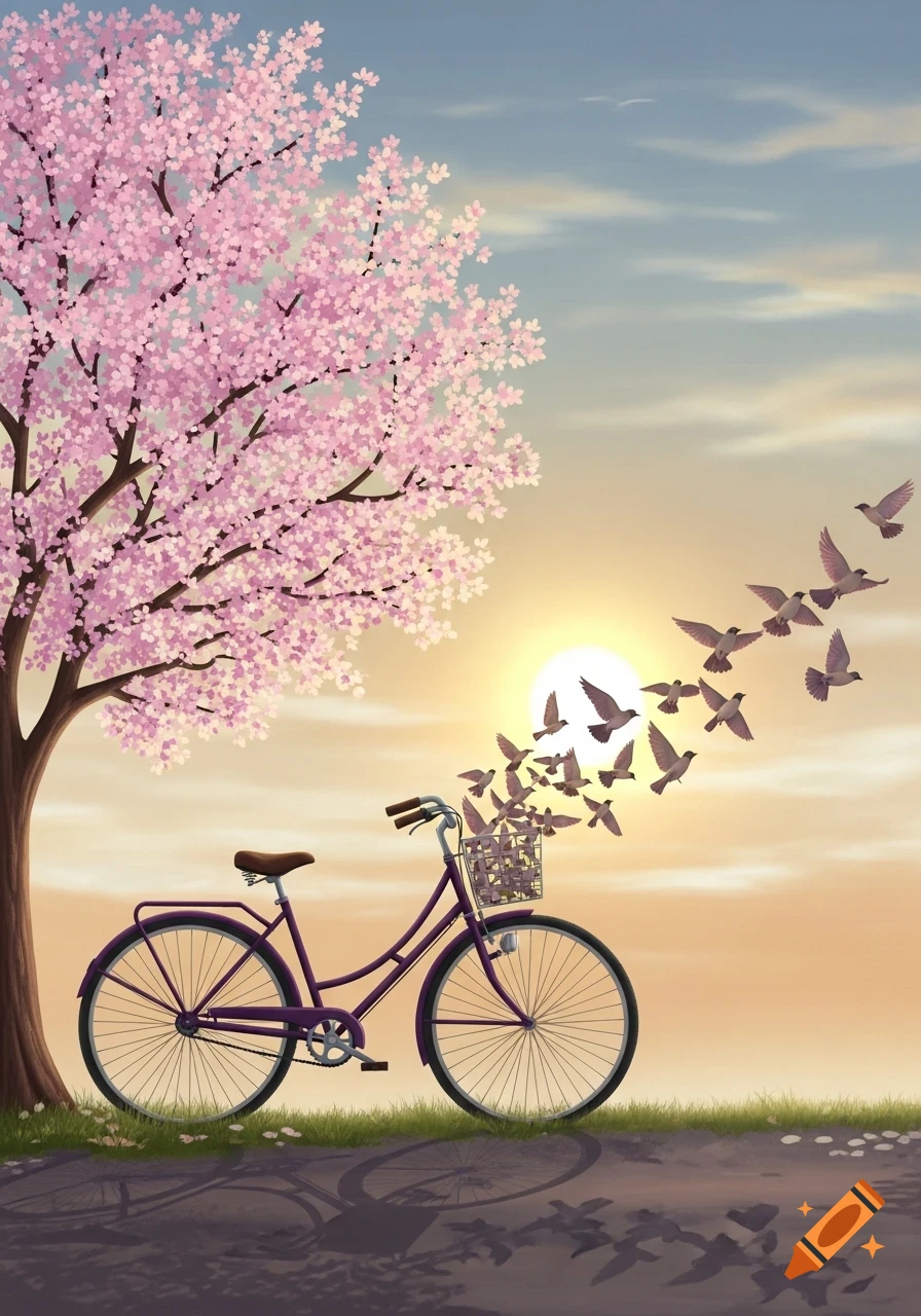 An illustration of a purple bicycle under a pink cherry blossom tree at sunset, with birds flying out of its basket towards the sun.