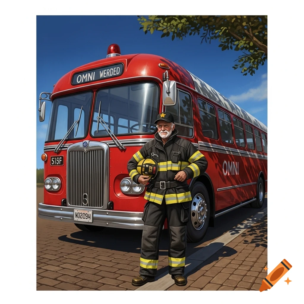 An older male firefighter in uniform holding a helmet, standing proudly in front of a vintage red fire engine on a sunny day.