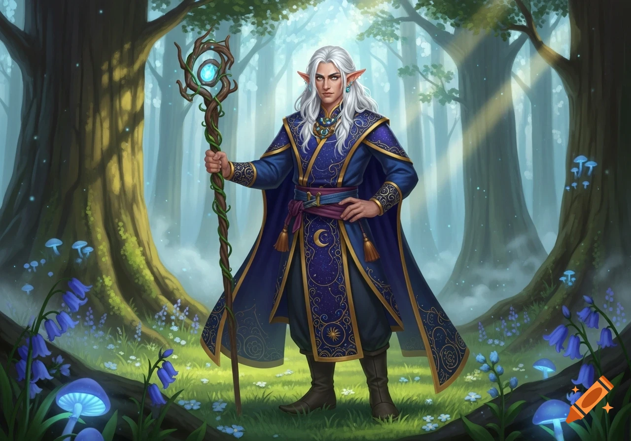 A male elf with long white hair, dressed in a blue and gold starry robe, holding a glowing staff in an enchanted forest.