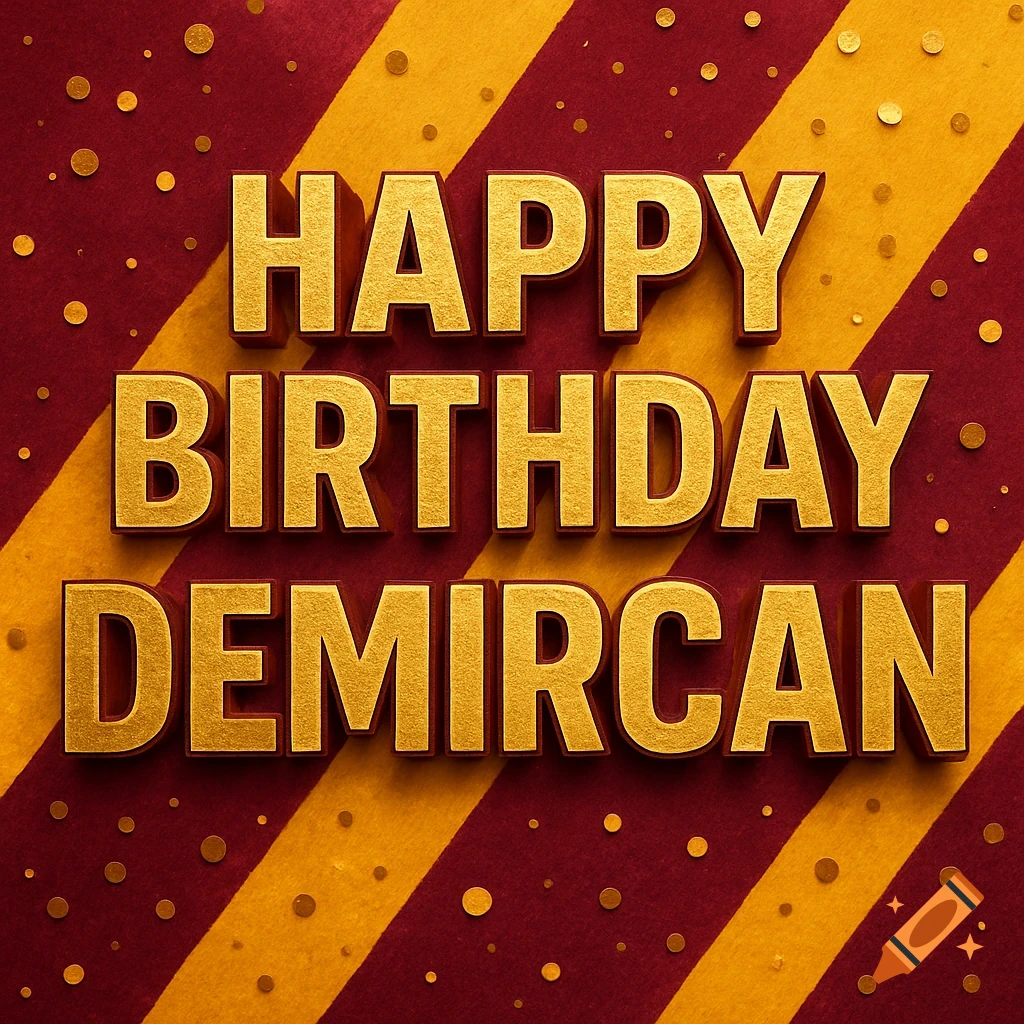 Golden 'Happy Birthday Demircan' text on a red and yellow striped background with confetti.