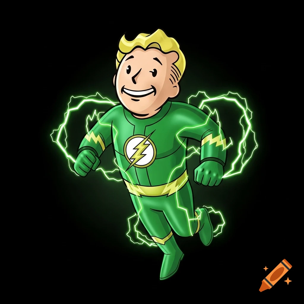 Vault Boy in a green Flash costume with a lightning bolt symbol, surrounded by green lightning on a black background, cartoon style.