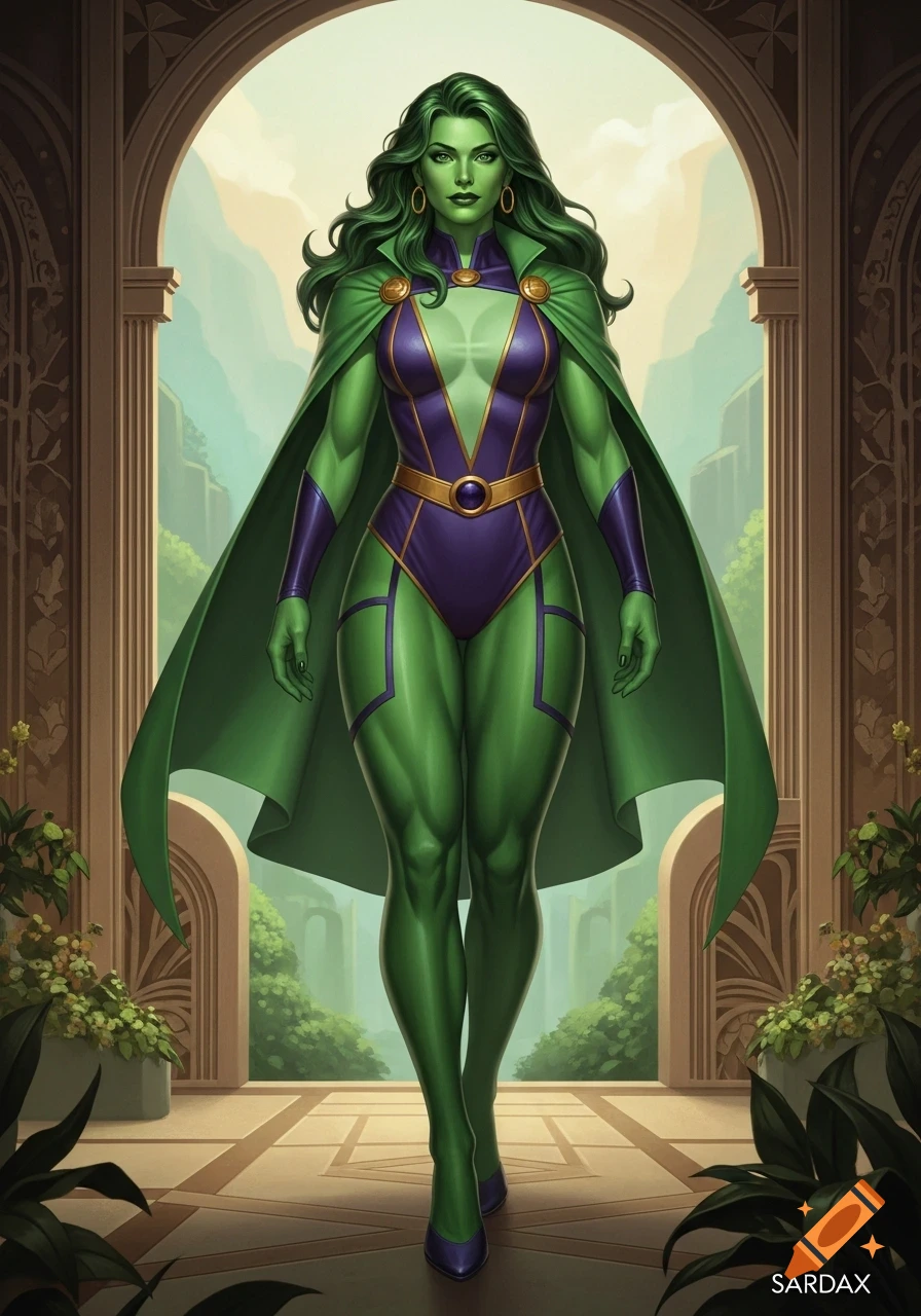 A green-skinned superheroine, She-Hulk, in a purple and green suit with a flowing cape, stands under an ornate archway in comic art style.