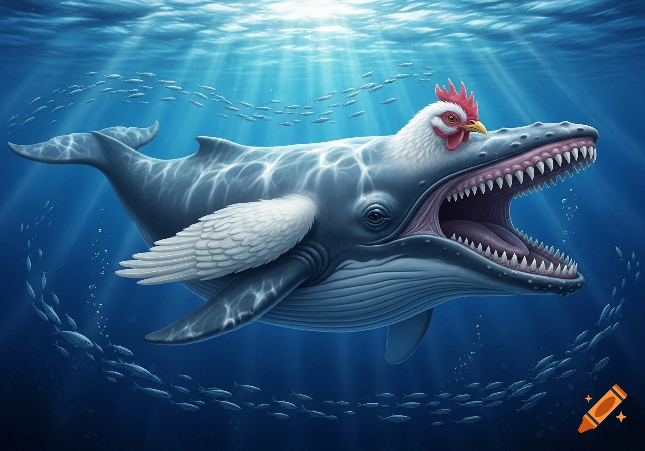 A fantasy whale-chicken hybrid with a wide open, toothy mouth and feathered wings swims underwater with schooling fish and sun rays.