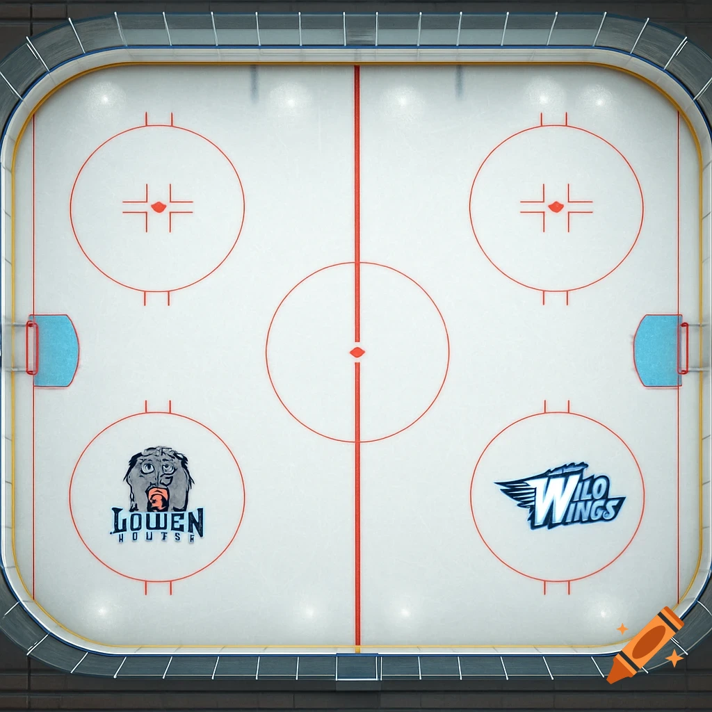 Overhead view of a professional ice hockey rink with team logos on the ice, surrounded by boards and glass.
